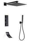 Badass Matte Black Wall Mount Shower Combo With Thermostatic Dial And Air Boost Tech features rainfall spout and handheld sprayer.