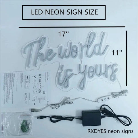 World Is Yours White LED Neon Sign For Bedroom Decor Bar Party And Cafe Vibe, USB Powered 17x11 Inches with accessories