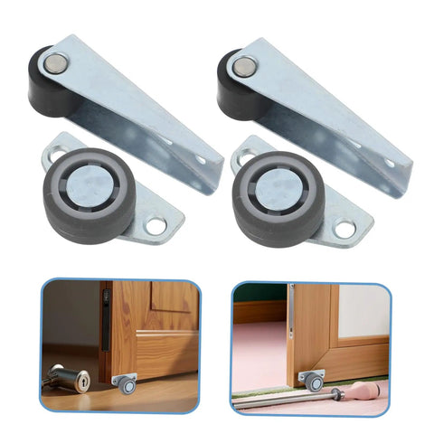 Heavy Duty 8 Pack Silent Barn Door Casters With Premium Rubber And Steel Rollers Slide Like Butter On Hardwood And Tile Floors Kick Back Free Guided Stability Kit For Any No Fuss Diy Project, showing wheels and brackets.