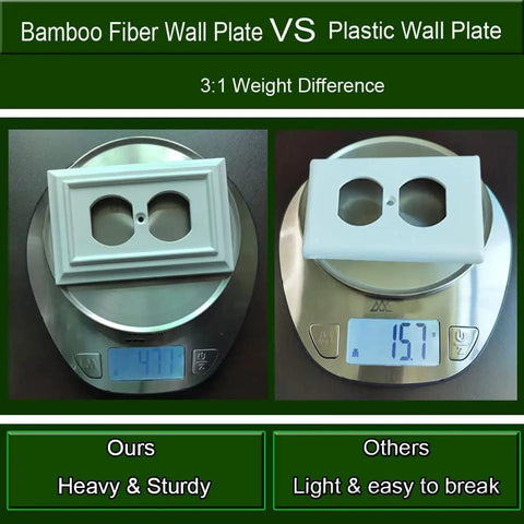Comparison of 4 Pack Bamboo Fiber Wall Plates White 1 Gang Duplex Outlet Covers vs Plastic showing weight difference on scales