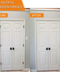 Before and after image showcasing Six Inch Hidden Door Hinges Rock Solid Zinc Alloy Concealed Hardware on white doors.