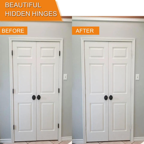 Before and after of double doors with Dead Simple Slick Hidden Door Hinges Heavy Duty Zinc Alloy Concealed Hinge Brackets.