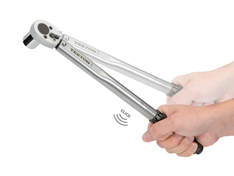 3/8 Inch Drive Micrometer Torque Wrench With Audible Click for Precise Tightening 10 80 Ft Lb Range in hand use illustration