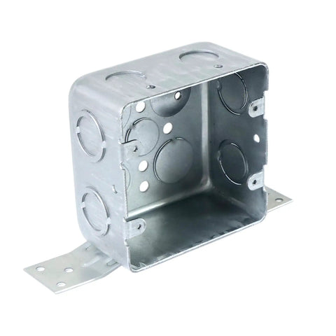 Heavy Duty Four Inch Square Electrical Box With Side Bracket For Easy Mounting Two And One Eighth Inch Deep Metal Junction Box Galvanized Built To Last With One Half Inch And Three Quarter Inch Knockouts Four Pack showing side view with bracket and knockouts
