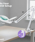 Clamp On Magnifying Lamp With 7 Inch Glass Lens 5 Diopter 6500K Daylight LED Glare Free Adjustable Arm mounted on desk