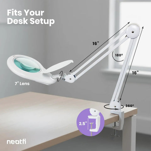 Clamp On Magnifying Lamp With 7 Inch Glass Lens 5 Diopter 6500K Daylight LED Glare Free Adjustable Arm mounted on desk