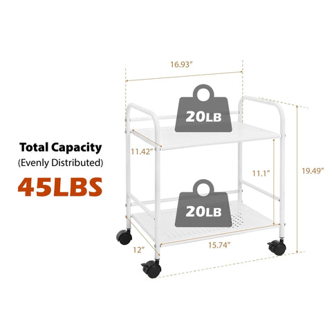 Sturdy White Two Tier Metal Rolling Utility Cart With Smooth Swivel Casters And Reinforced Steel Trays For Tight Quarters And Busy Desks That Truly Acts As A Legit Footprint Saver For Every Home Office Layout