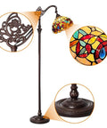 Stained Glass Tiffany Style Floor Lamp Standing 62 Inches Tall With Inlaid Crystal Accents Soft Warm Light Arched Adjustable Reading Lamp
