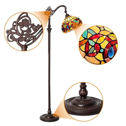 Stained Glass Tiffany Style Floor Lamp Standing 62 Inches Tall With Inlaid Crystal Accents Soft Warm Light Arched Adjustable Reading Lamp
