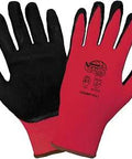 Grippy Tsunami Grip Mach Finish Nitrile Coated Gloves Large Case Of 72, black on red, double dipped for oil and abrasion resistance.
