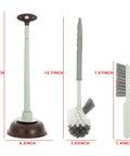 4 In 1 Toilet Brush And Plunger Set In Green With Angled Bowl Brush, Compact Scrubber, And Sturdy Holder, Dimensions Displayed