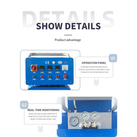 Get Pro Polyurethane Spray Foam Gear With Adjustable Flow Control For Easy Insulation operation panel with digital display and gauges.