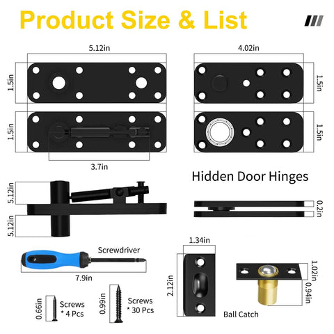 Hidden Pivot Hinge For Secret And Bookcase Doors 570 Lb Heavy Duty Invisible Door Hinge Kit with screws and screwdriver