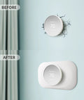 Before and after of Nest Thermostat Wall Plate Cover Kit for 2020 Model, Snow Finish, hiding old wall imperfections.