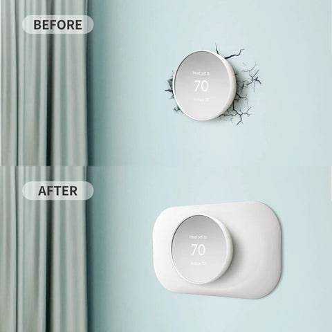 Before and after of Nest Thermostat Wall Plate Cover Kit for 2020 Model, Snow Finish, hiding old wall imperfections.