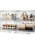 Premium Clear Storage Bins With Smooth Rolling Wheels, Foldable Closet Organizers For Home Office Or Garage, Stacking Drawers That Are A Total Game Changer, Hella Sturdy 4 Pack filled with toiletries, handbags, and folded clothes.