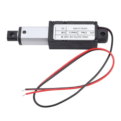 Compact 24V Electric Linear Actuator With Tiny 20mm Stroke And Nifty 20N Thrust showing silver aluminum tube and black connectors.