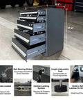 Hardcore Heavy Duty Workbench Cabinet Set With Overhead Storage Steel Pegboards Multi Hook Panels Freestanding Metal Lockers Badass Garage Tool Organization Rig, grey locking storage unit with multiple drawers.