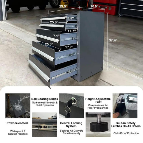 Badass Industrial Tool Cabinet With Sturdy Wooden Workbench And Heavy Duty Steel Pegboard, Pro Grade Garage Workspace And Massive Storage Rack for tool organization with six drawers and dimensions shown.