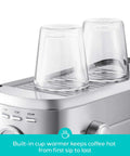 Top view of Compact 20 Bar Espresso Machine With Steam Milk Frother showing built-in cup warmer with two glasses