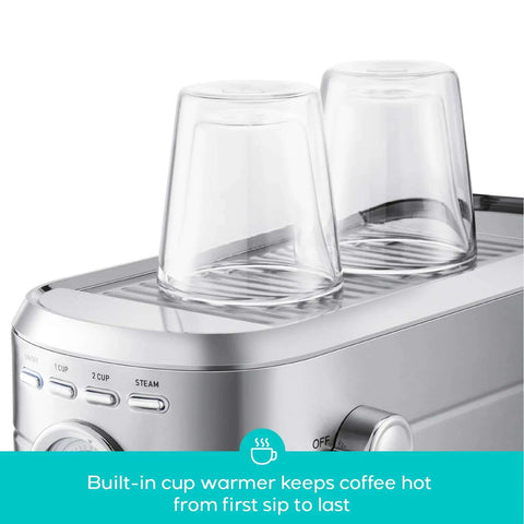 Top view of Compact 20 Bar Espresso Machine With Steam Milk Frother showing built-in cup warmer with two glasses
