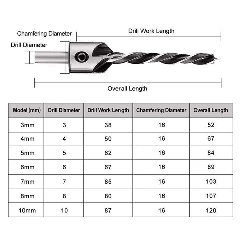 Dimensions and specifications chart for 23 Pack Heavy Duty Woodworking Chamfer Drill Bit Set with sizes and measurements.