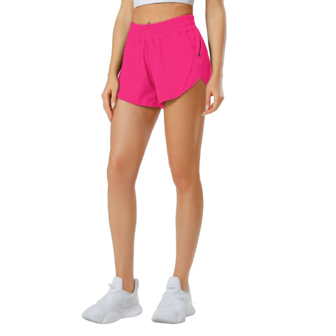 Hot Pink Womens Running Shorts With Quick Dry Fabric Featherweight Stretch Built In Brief Liner Elastic No Slip Waistband Zip Pockets