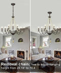 9 Light French Country Rustic Farmhouse Candle Chandelier with wood beads in living room, adjustable height with bronze finish.