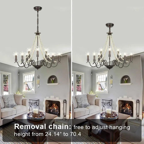 9 Light French Country Rustic Farmhouse Candle Chandelier with wood beads in living room, adjustable height with bronze finish.