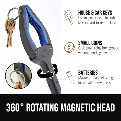 Close-up of Strong Rubber Lined Claw Grabber Two Pack Reacher Tool for Seniors showing magnetic head holding keys.