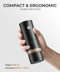 Portable Burr Coffee Grinder With 80 Precision Settings For Single Dose Brewing Compact Travel Mill Hella Sharp Grinds held in hand.