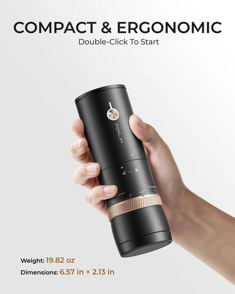 Portable Burr Coffee Grinder With 80 Precision Settings For Single Dose Brewing Compact Travel Mill Hella Sharp Grinds held in hand.