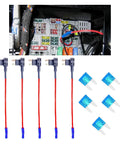 12V Car Add A Circuit Fuse Tap Adapter Kit With 15A Mini Blade Fuses, shown with fuse box installation for cars, trucks, boats
