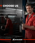 Mechanic in red uniform holding wrench in garage with tool kit for bikes and motorcycles, highlighting product benefits