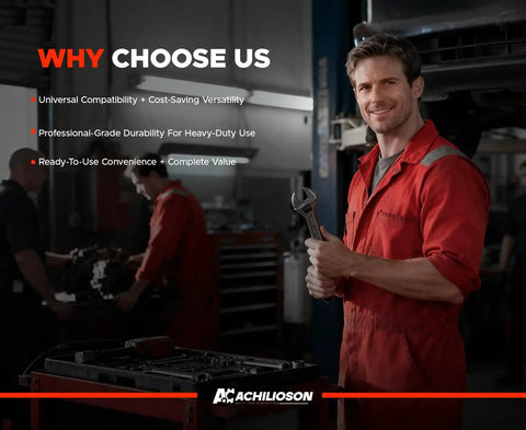 Mechanic in red uniform holding wrench in garage with tool kit for bikes and motorcycles, highlighting product benefits