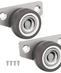 Mini Side Mount Casters 1.25 Inch Low Profile Rigid Non Swivel Rubber Wheels for sliding doors, drawers, and cabinets, shown in a 2-pack with mounting screws.