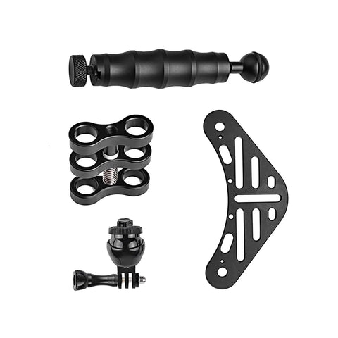 Components of Underwater Camera Tray Kit With Handheld Grip And Stabilizer for GoPro Gear Universal Waterproof Housing Mount.