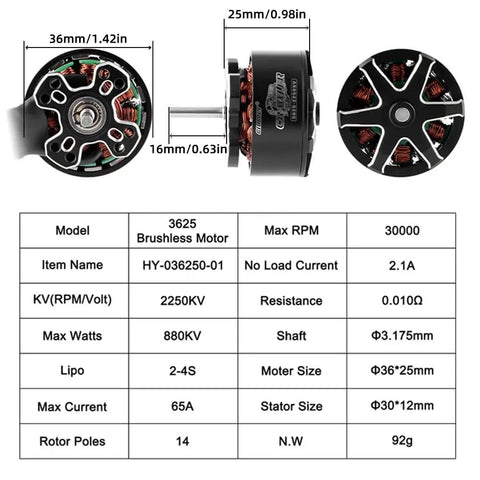 Dimensions and specifications of 3625 Size Brushless Motor 2250KV Outer Rotor for 1/10 RC Crawlers, shown in detail view.