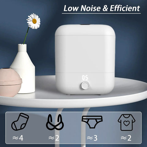 Portable Mini Washing Machine For Small Loads, Rechargeable Compact Washer displayed on a table with icons of clothes