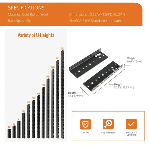 Vertical Rack Rail Pair Kit For 2U To 20U Equipment Mounting Heavy Duty Cold Rolled Steel DIY Rack Rails Multiple Hole Patterns