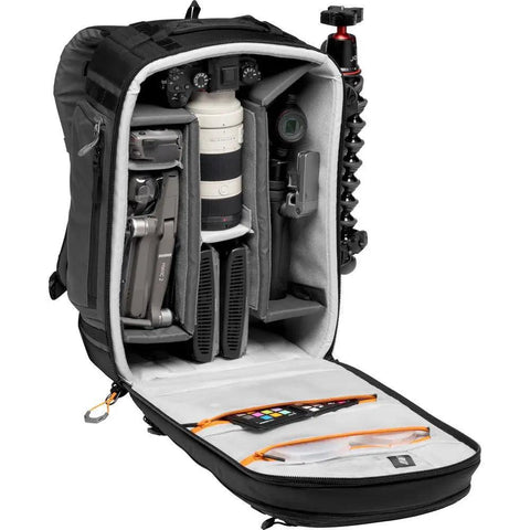 Pro Trekker BP 350 AW II Outdoor Camera Backpack with MaxFit dividers, DSLR gear inside, black and dark gray, open view.