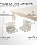 90 degree right angle corner bracket in silver cold rolled steel for joint reinforcement on furniture shelves and cabinets