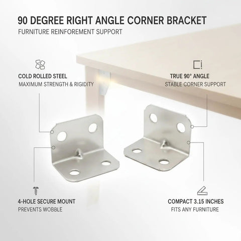 90 degree right angle corner bracket in silver cold rolled steel for joint reinforcement on furniture shelves and cabinets