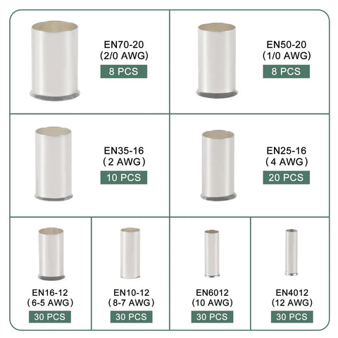 Premium Wire Ferrule And Crimp Terminal Kit Featuring Copper Silver Plated Non-Insulated Sleeves, 8 AWG Sizes, Multiple Sizes Displayed