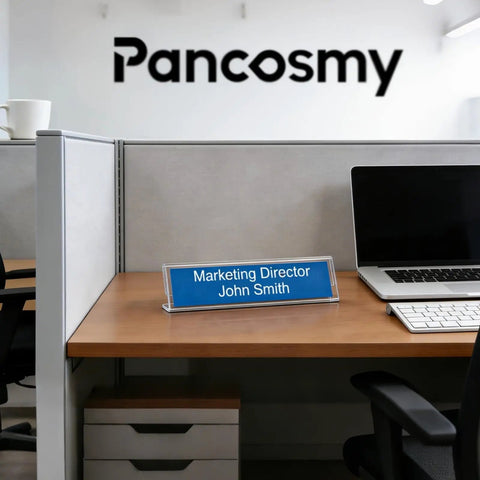 Clear Acrylic Desk Name Plates 12 Pack With Horizontal Slant Back 2x8 Sign Holders on office desk