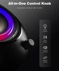 Close-up of control knob on 2.1 Computer Speakers With Subwoofer For PC Desk Setup, Crisp Bass, 80W Peak Power, Bluetooth 5.4, RGB lighting.
