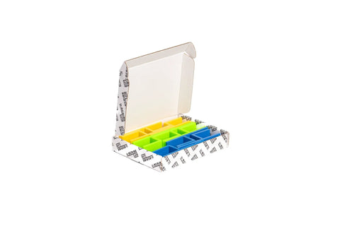 Pro Grade Scribe Jig Installers Set in open box showing blue, green, yellow jigs for woodworking and carpentry projects