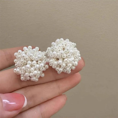 Y2K Vibe Vintage Pearl Bead Cluster Stud Earrings For Women White Boho Chic Jewelry Lightweight Comfort Perfect Everyday Glam Hypoallergenic Post Subtle Shine For Any Outfit, close-up