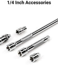 Chrome 1/4 inch drive accessories from Your Go-To 1/4 Inch Drive 12 Point Socket And Ratchet Set With Rails And Trays, 57 Piece