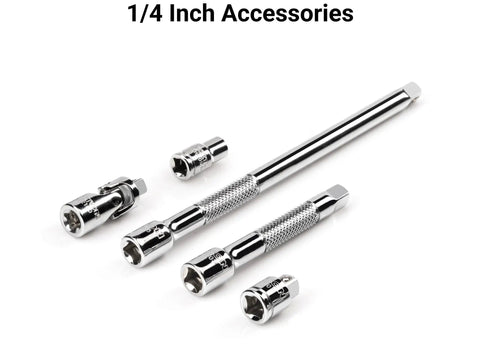Chrome 1/4 inch drive accessories from Your Go-To 1/4 Inch Drive 12 Point Socket And Ratchet Set With Rails And Trays, 57 Piece